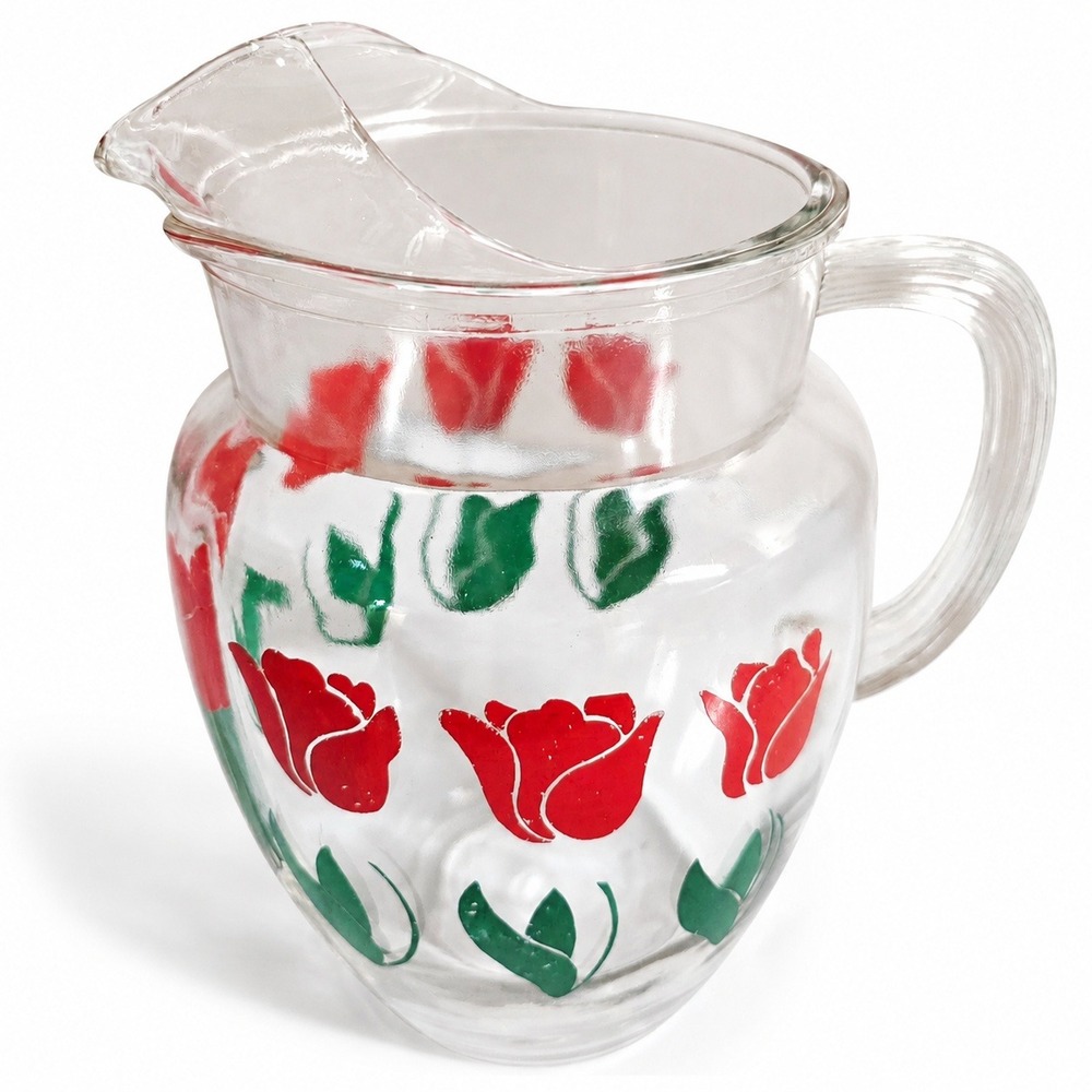 Vintage Clear Glass Ice Lip Pitcher Red Tulips Green Leaves 9 in